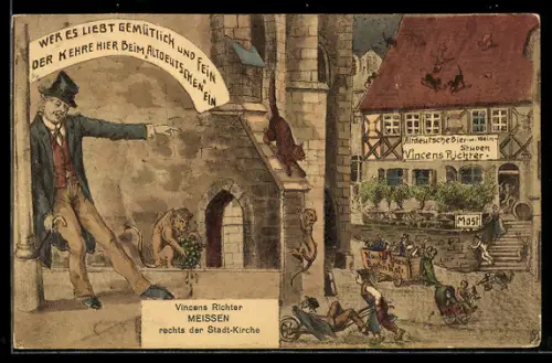 Künstler-AK Meissen, Gasthaus Vincenz Richter rechts der Stadtkirche, Betrunkene, Affe