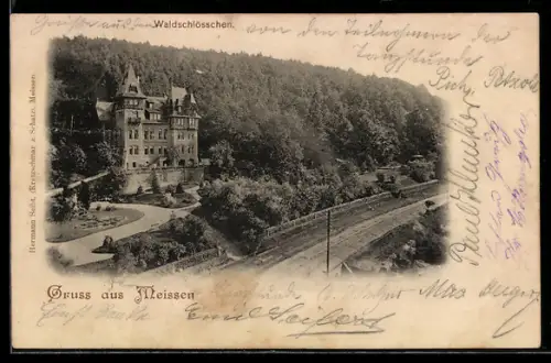 AK Meissen, Gasthaus Waldschlösschen mit Bahnstrecke aus der Vogelschau