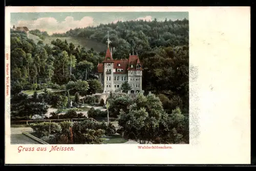 AK Meissen, Gasthaus Waldschlösschen, rückseitig Reklame Verlag Kretzschmar & Schatz