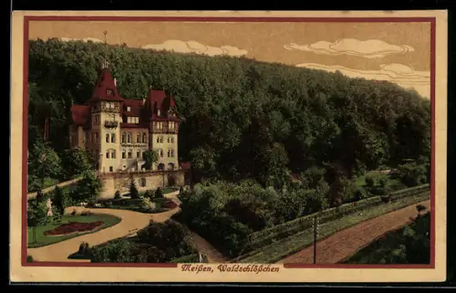 AK Meissen, Gasthaus Waldschlösschen A. Mosig mit Bahngleisen aus der Vogelschau