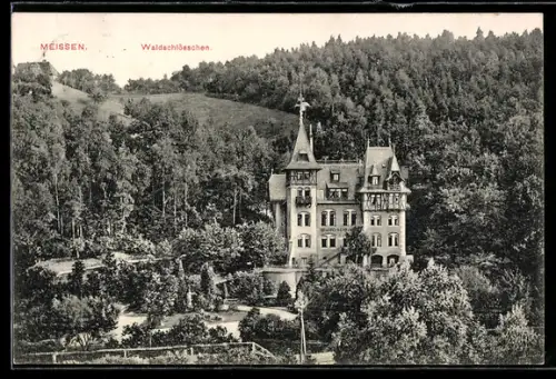 AK Meissen, Gasthaus Waldschlösschen aus der Vogelschau