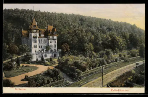 AK Meissen, Gasthaus Waldschlösschen mit Anlagen u. Bahnschienen
