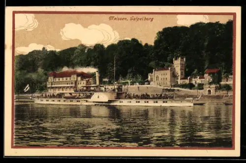 AK Meissen, Gasthaus Geipelburg, Vollbesetztes Dampfschiff auf der Elbe