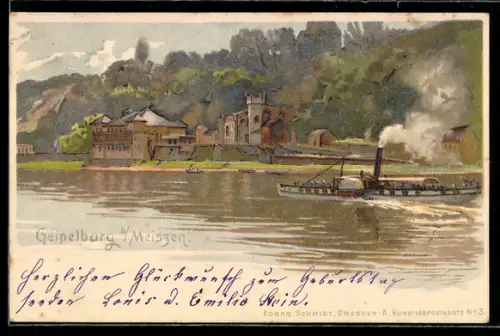 Lithographie Meissen, Gasthaus Geipelburg, Dampfschiff auf der Elbe