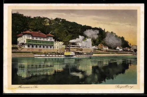 AK Meissen i. Sa., Dampfschiff, Gasthaus Geipelburg, Panorama