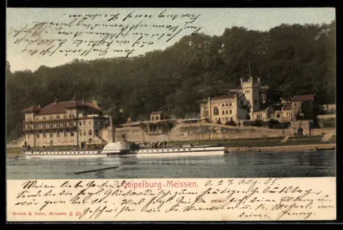 AK Meissen, Gasthaus Geipelburg, Dampfschiff auf der Elbe