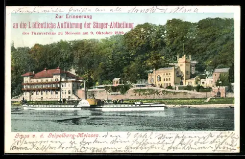 AK Meissen, Gasthaus Geipelburg, Dampfschiff, Erinnerung Sänger-Abteilung Turnverein 9. Oktober 1899