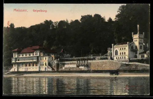 AK Meissen, Gasthaus Geipelburg, vonn der Elbe gesehen