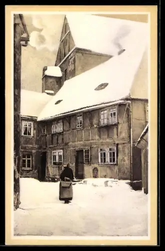 AK Meissen, Alt-Meissen, Alter Hof auf der Freiheit, Winter, Schnee, Alte Frau mit Korb