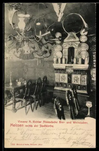 AK Meissen, Gasthaus Vincenz A. Richter, Altdeutsche Bier- und Weinstuben rechts der Stadtkirche, Innenansicht