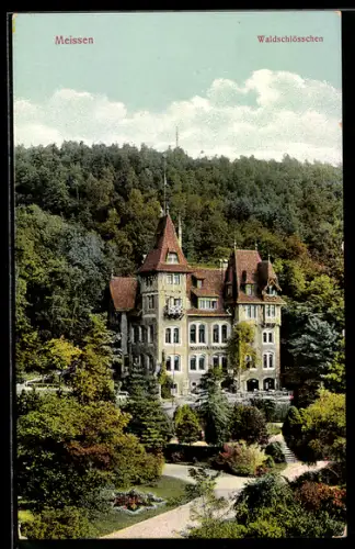 AK Meissen, Gasthaus Waldschlösschen mit Anlagen aus der Vogelschau