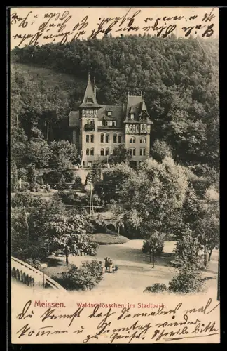 AK Meissen, Gasthaus Waldschlösschen im Stadtpark aus der Vogelschau