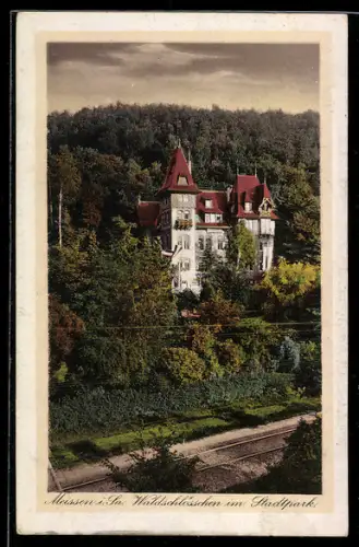 AK Meissen, Gasthaus Waldschlösschen im Stadtpark, Bahnschienen