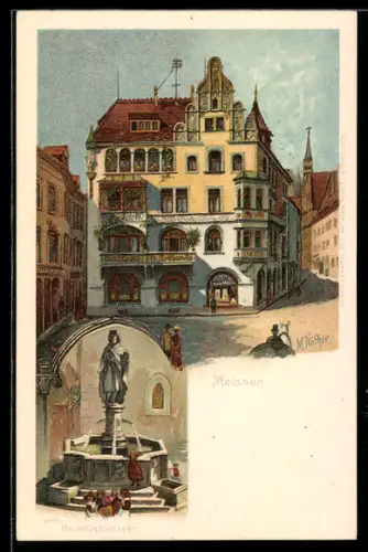 Künstler-AK Meissen, Strassenpartie am Bankhaus, Kinder spielen am Heinrichsbrunnen