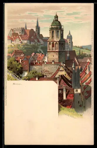 Lithographie Meissen, Ortsansicht aus der Vogelschau