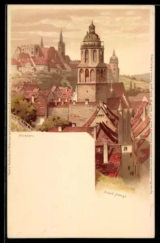 Künstler-AK Meissen, Ortsansicht mit Kirchen und Fussgängern