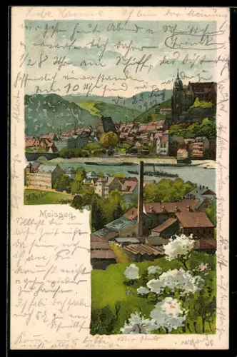 Lithographie Meissen, Panoramablick auf die Stadt