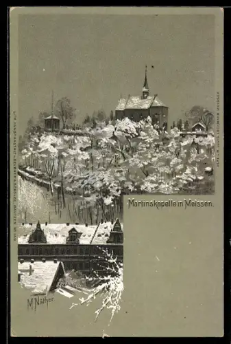 Lithographie Meissen, Martinskapelle im Winter