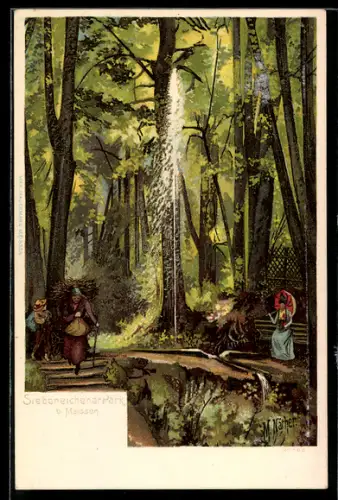 Lithographie Meissen, Partie im Siebeneichener Park mit Fontäne