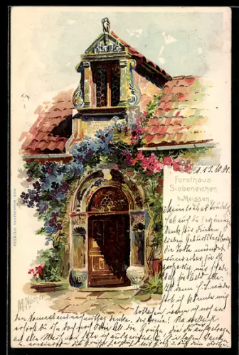 Lithographie Siebeneichen b. Meissen, Eingang zum Forsthaus