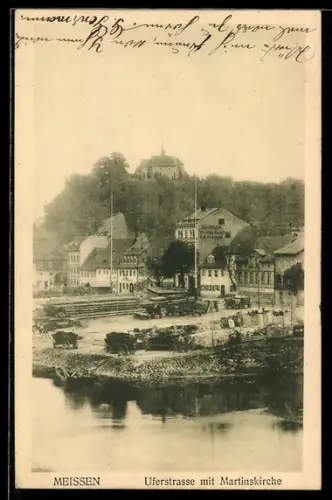 AK Meissen, Uferstrasse mit Martinskirche
