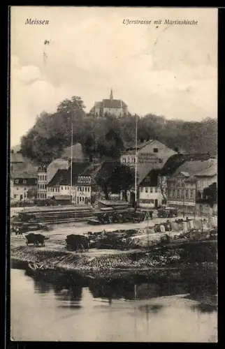 AK Meissen, Uferstrasse mit Martinskirche