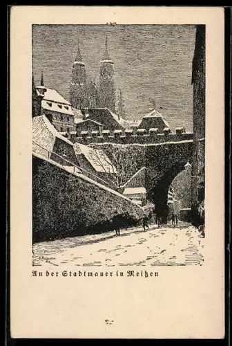 Künstler-AK Meissen, Partie an der Stadtmauer