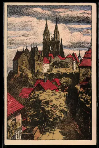 Steindruck-AK Meissen, Blick zum Dom