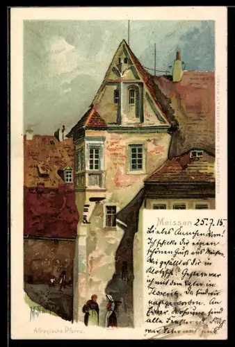Lithographie Meissen, Blick zur Afranischen Pfarre