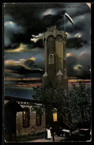 AK Meissen, Turm am Gasthaus zur Deutschen Posel am Abend