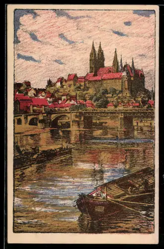Steindruck-AK Meissen, Uferpartie mit Kirche