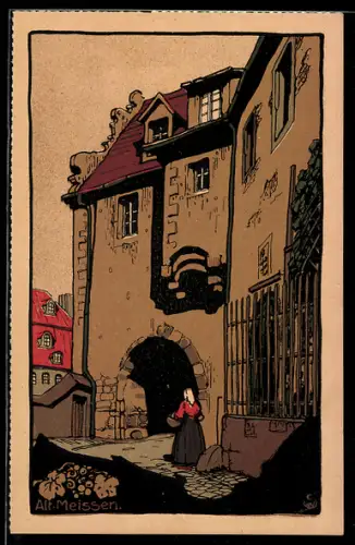 Steindruck-AK Meissen, Alte Burgstrasse, Torbau um 1522