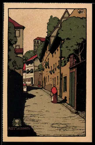Steindruck-AK Alt-Meissen, Leinewebergasse