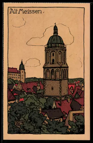 Steindruck-AK Alt-Meissen, Teilansicht mit Turm