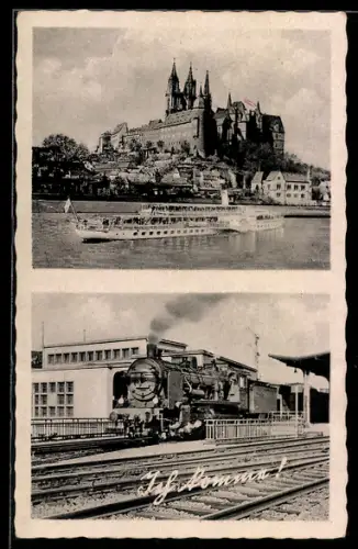 AK Meissen, Dampflok am Bahnhof, Albrechtsburg