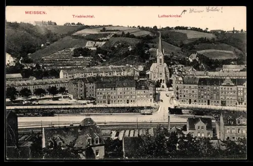 AK Meissen, Teilansicht mit Luther-Kirche, Triebischtal