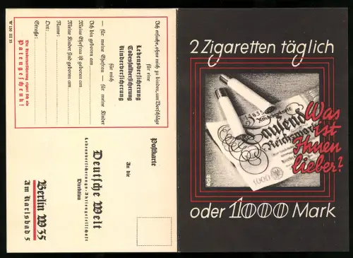 AK Berlin, Lebensversicherung Deutsche Welt, Zwei Zigaretten täglich oder 1000 Mark