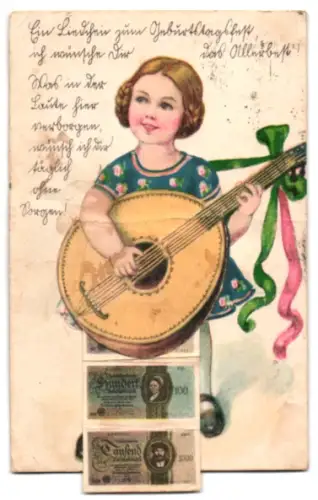 Leporello-AK Reichsbanknoten, Ansichten von Geldscheinen der Reichsmark unter der Gitarre des Mädchens