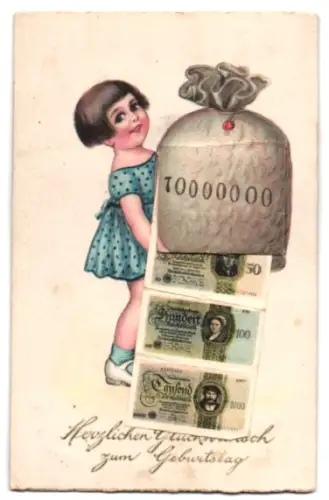 Leporello-AK Reichsbanknoten, Ansichten von Geldscheinen der Reichsmark unter dem Geldsack des Mädchens