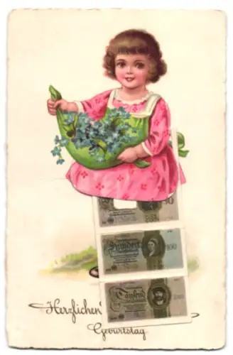 Leporello-AK Reichsbanknoten, Geldscheine der Reichsmark unter dem Kleid des Mädchens, Glückwunsch zum Geburtstag