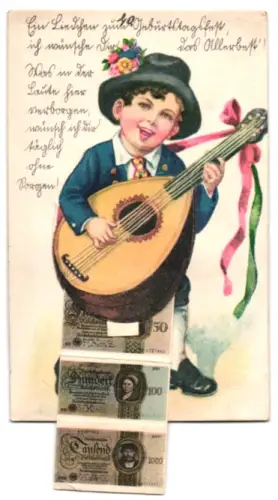 Leporello-AK Geldscheine, Banknoten der Reichsmark unter der Gitarre des Jungen, Geburtstagsgruss