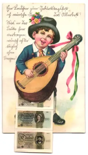 Leporello-AK Reichsmark, Geldscheine der Reichsbank unter der Gitarre des Jungen, Geburtstagsgruss
