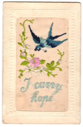 Seidenstick-AK I carry hope, Vogel an Blütenzweig