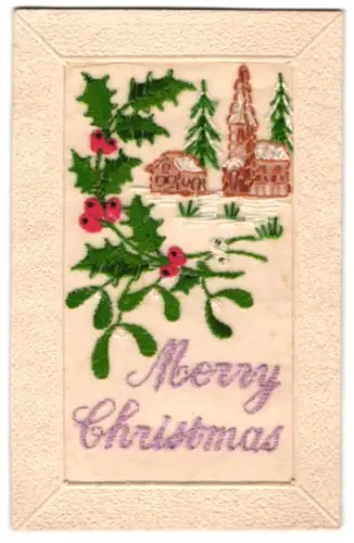 Seidenstick-AK Kirche im Winter mit Mistelzweigen, Weihnachtsgruss