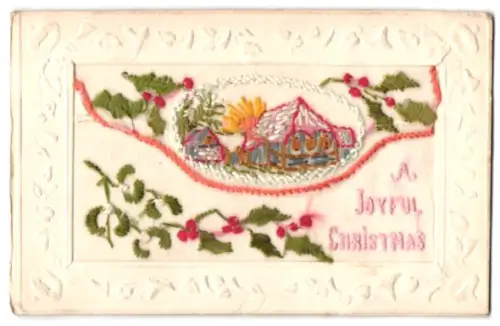 Seidenstick-AK Haus in Landschaft, Misteln, Weihnachtsgruss
