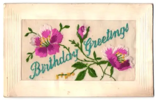 Seidenstick-AK Rosafarbene Blumen, Birthday Greetings