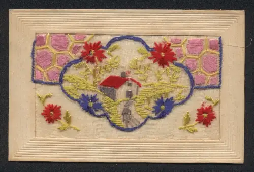 Seidenstick-AK Haus in Landschaft mit Blumen
