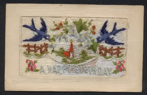 Seidenstick-AK Kirche in Lanschaft mit Schwalben, Geburtstagsgruss