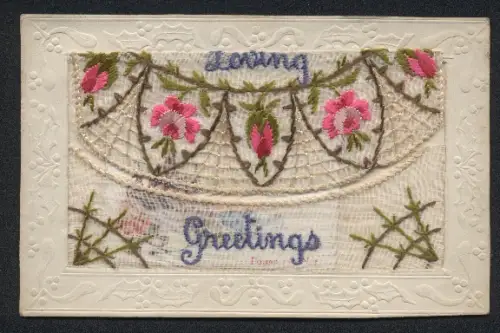 Seidenstick-AK Burg mit rosafarbenen Blumen, Loving Greetings