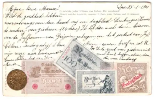 AK Reichsbanknoten 5 Mark, 1000 Mark, 100 Mark